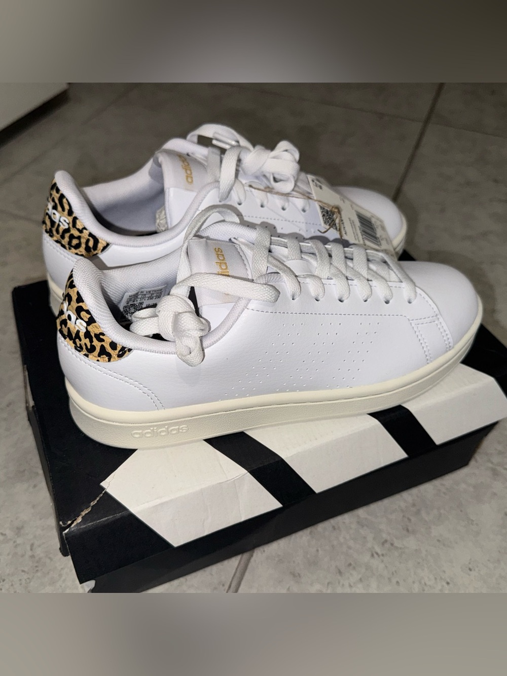 adidas White Sneakers with Leopard Heel Accent
